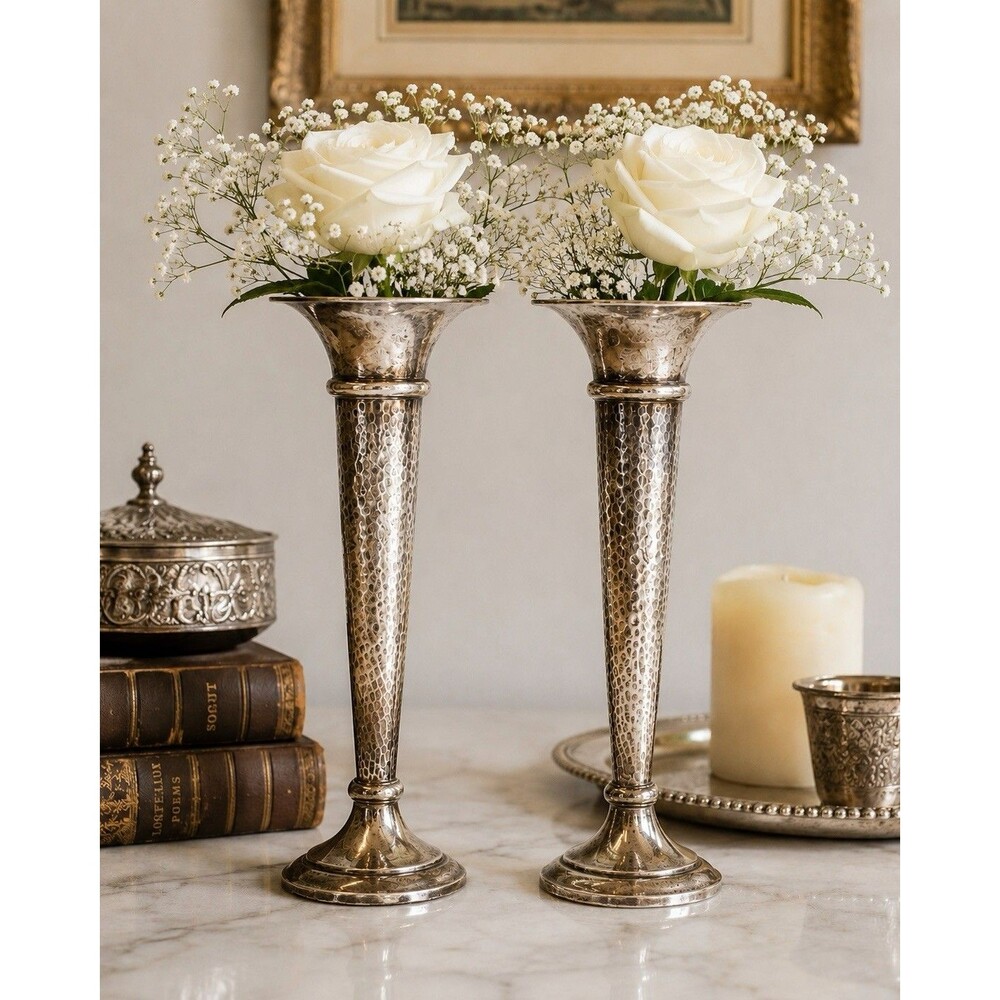 Antique Walker & Hall Sheffield Sterling Silver Hammered Flower Holder Pair 8.5"